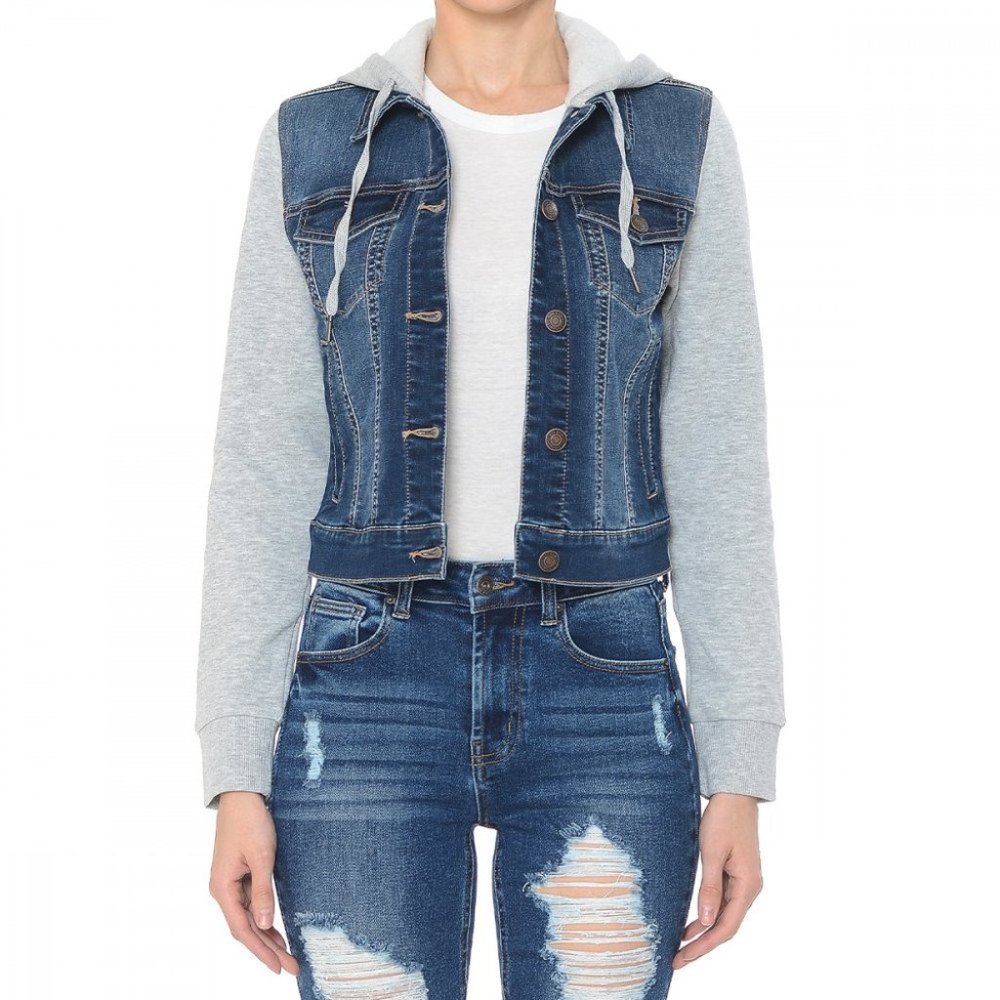 Fleece Sleeve and Hood Denim Jacket - Dark